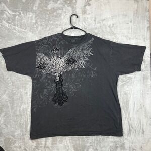 Y2K Kani Gold Mens 2X Graphic T-Shirt Black Gothic Cross Wings Cyber Distressed